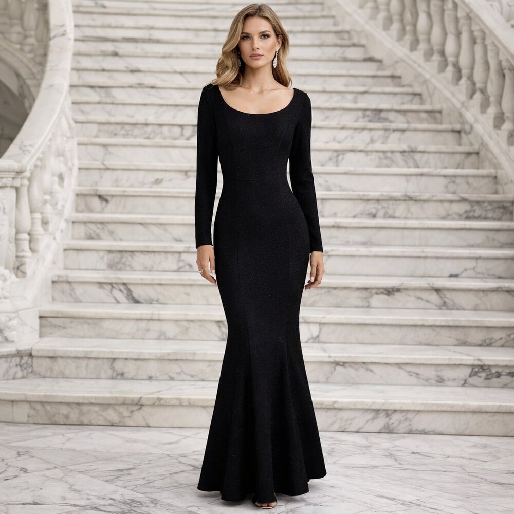 Eliza J NEW Black Sequin Textured Boat Neck Mermaid Gown Dress Size 14P